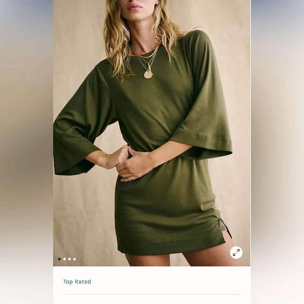 Free People Free-Est Olive Green Crew Neck 3/4 Sleeve Side Slit Mini Dress M